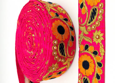 Fuchsia Pink Art Silk Lace Trim, Floral Embroidery in Orange, Black and Gold